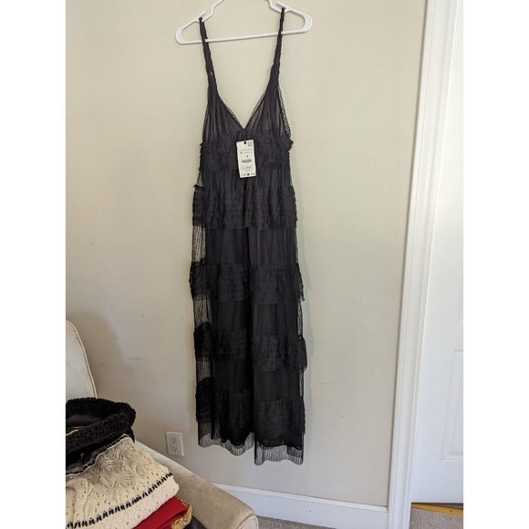ZARA WOMAN $139 RUFFLED TULLE DRESS ZW COLLECTION BLACK XS S M L REF: 8936/113 - Picture 6 of 13